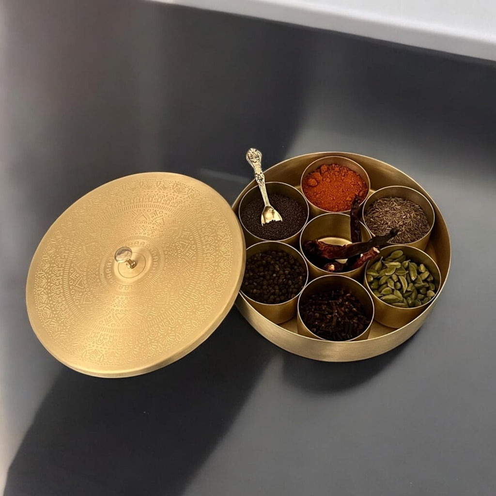 Brass Masala Dabba - 8in Spice Box with 7 Bowls and Spoon