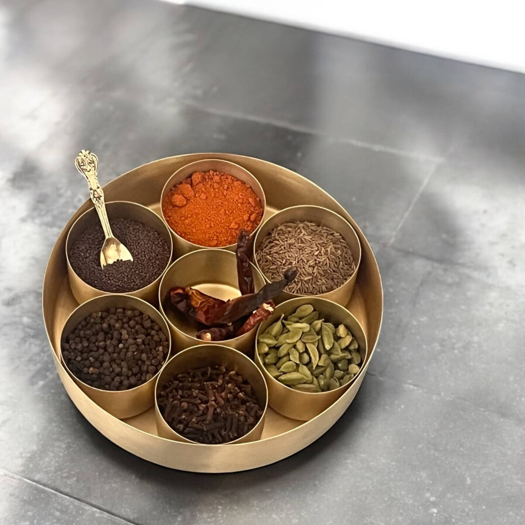 Brass Masala Dabba - 8in Spice Box with 7 Bowls and Spoon