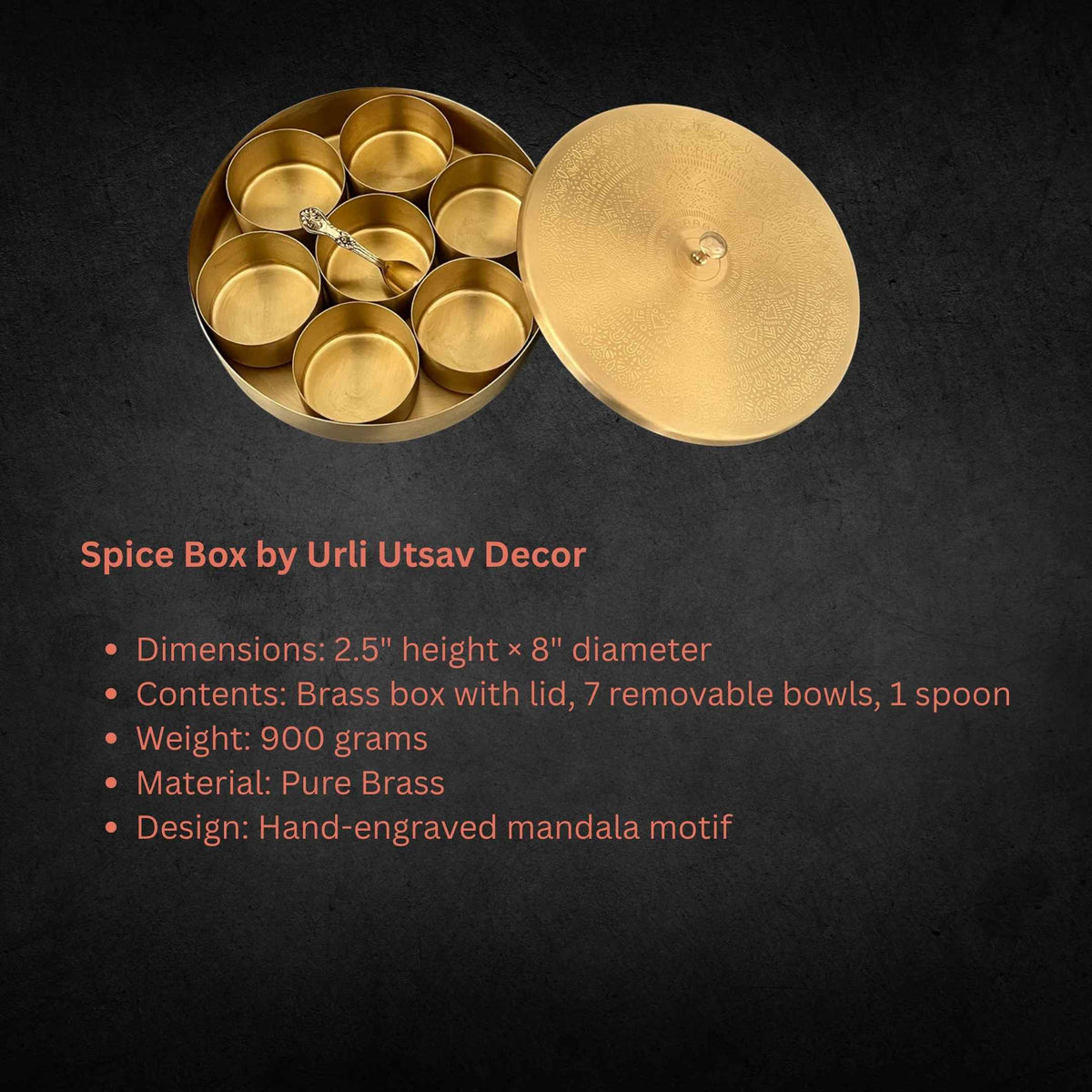 Brass Masala Dabba - 8in Spice Box with 7 Bowls and Spoon