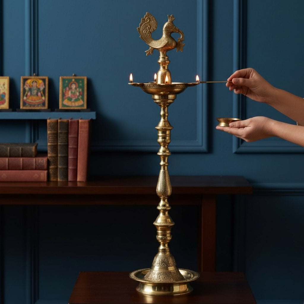Brass Kuthu Vilakku Nilavilakku - Tall Samai Oil Lamp, 4 Sizes