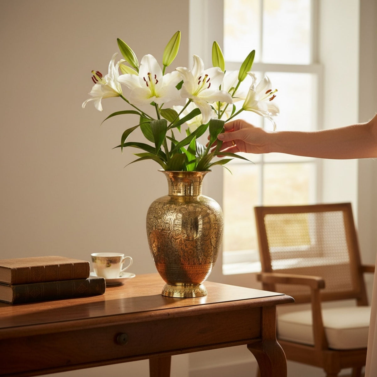 Handmade Brass Vase - 11.5in Tall, Hand-Engraved Gold Tone