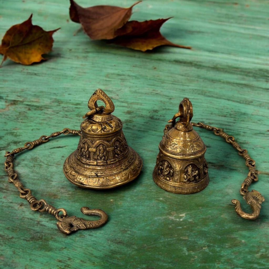 Engraved Brass Hanging Bell - Temple Bell with Chain, 2 Sizes
