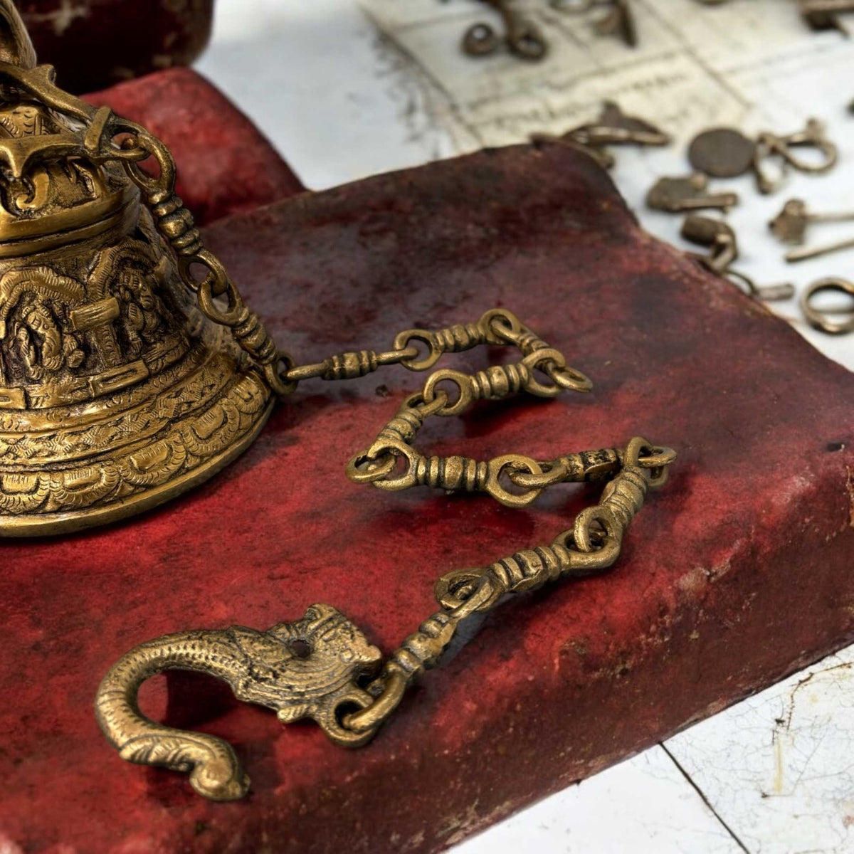 Engraved Brass Hanging Bell - Temple Bell with Chain, 2 Sizes