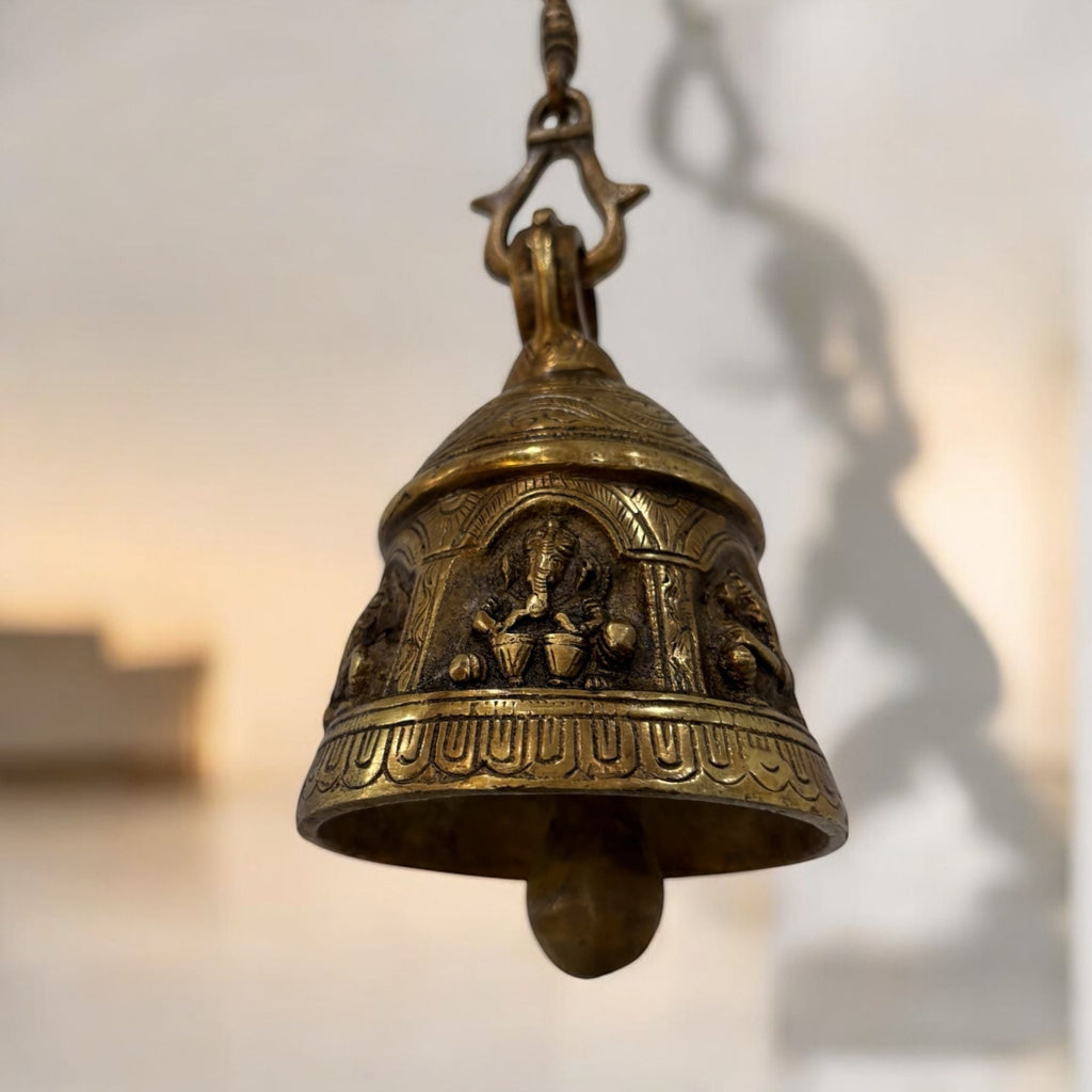Engraved Brass Hanging Bell - Temple Bell with Chain, 2 Sizes