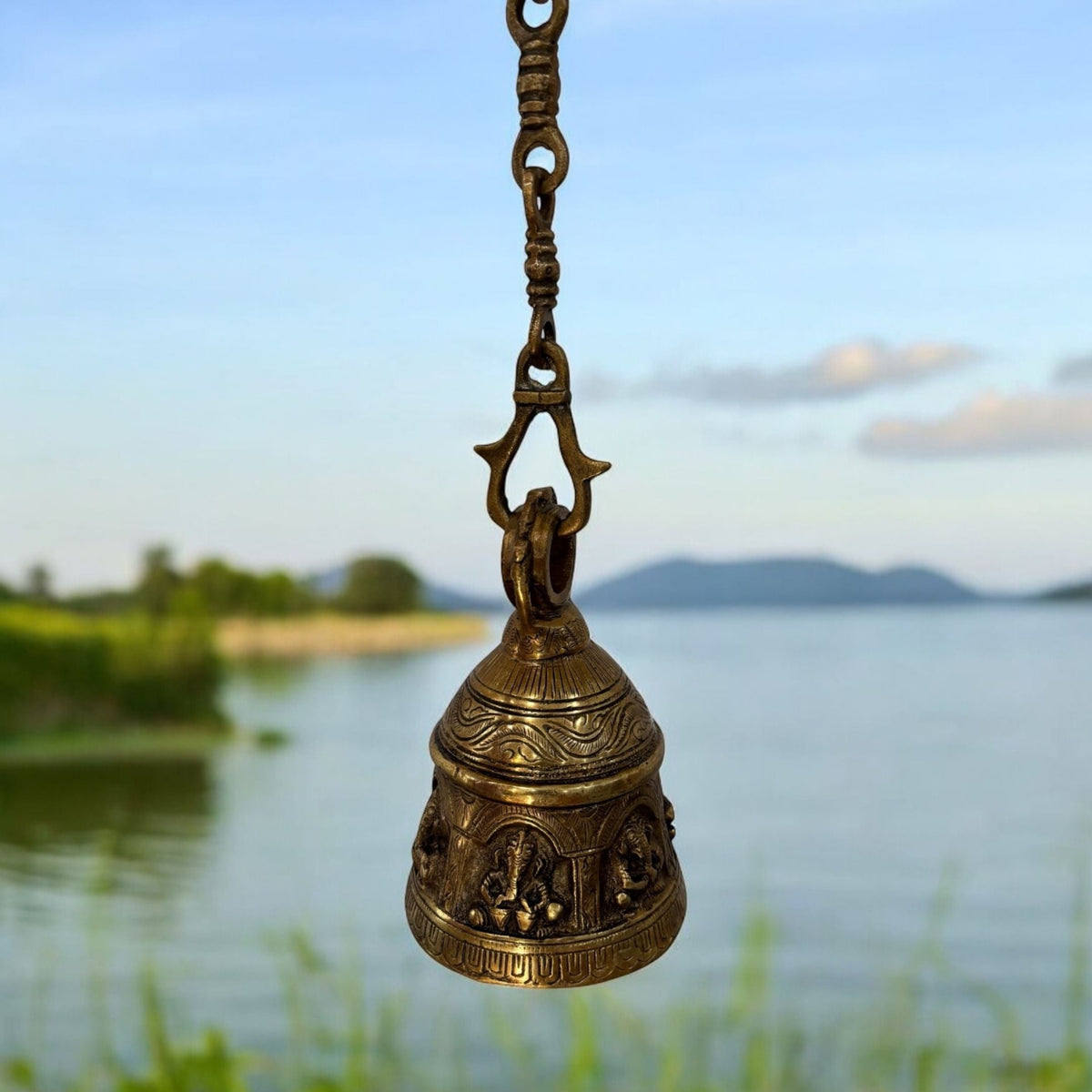 Engraved Brass Hanging Bell - Temple Bell with Chain, 2 Sizes