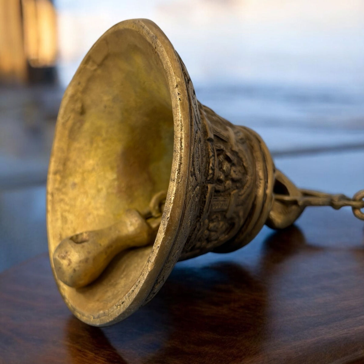Engraved Brass Hanging Bell - Temple Bell with Chain, 2 Sizes