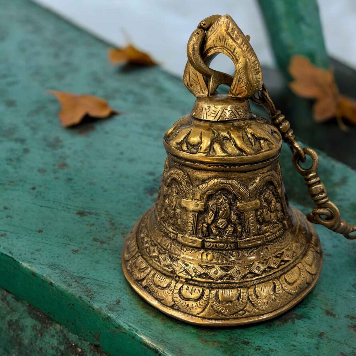 Engraved Brass Hanging Bell - Temple Bell with Chain, 2 Sizes