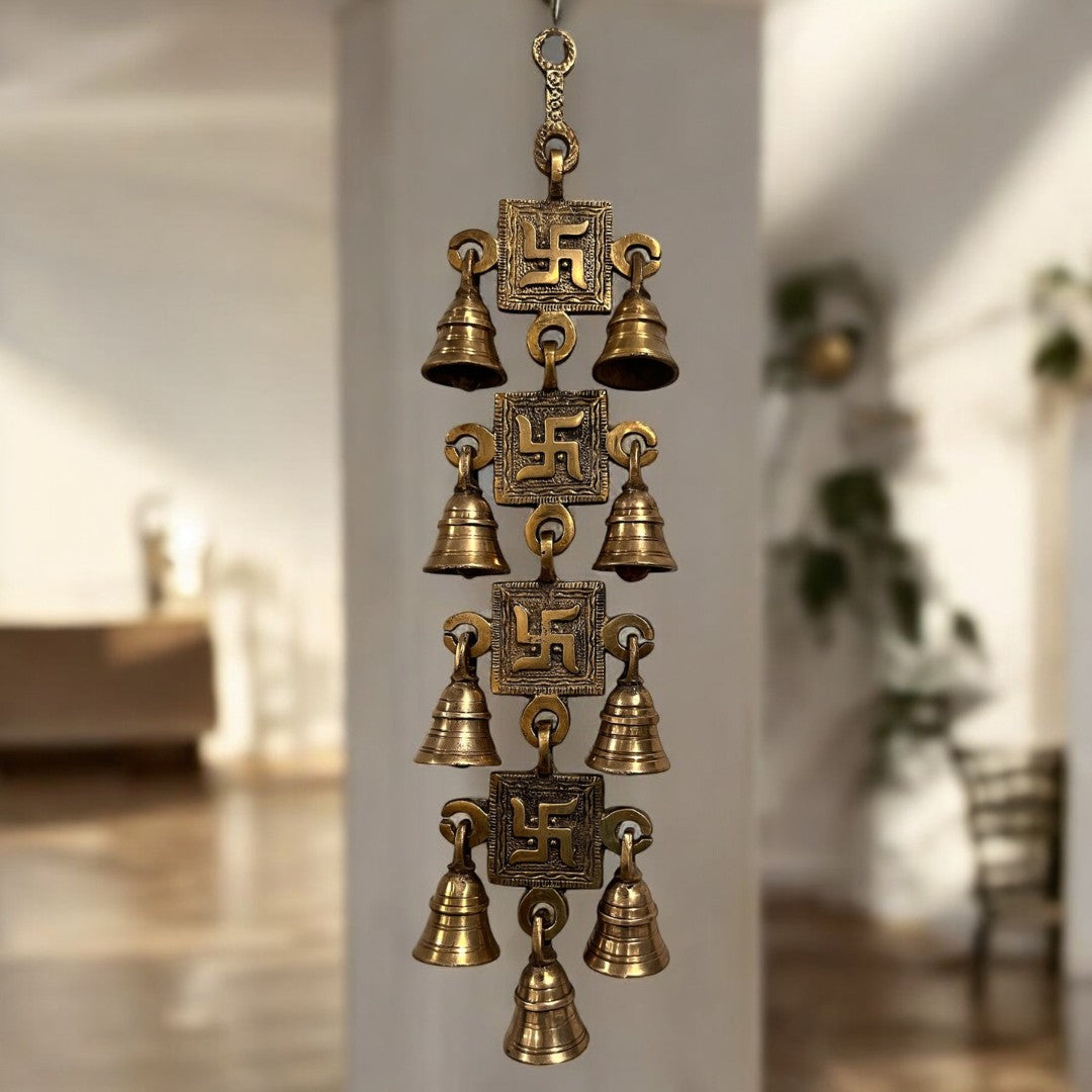 Brass Swastik Wall Hanging with Bells - 15in Vastu Decor