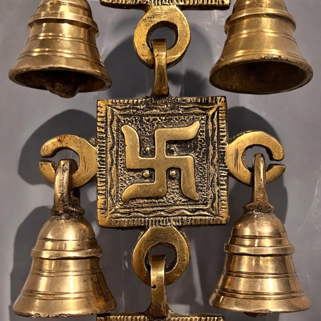 Brass Swastik Wall Hanging with Bells - 15in Vastu Decor