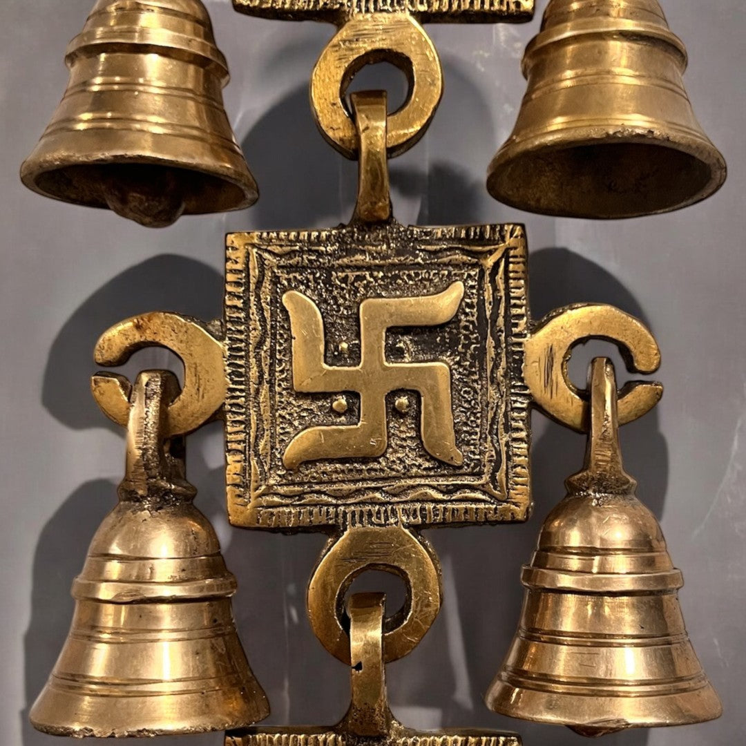 Brass Swastik Wall Hanging with Bells - 15in Vastu Decor