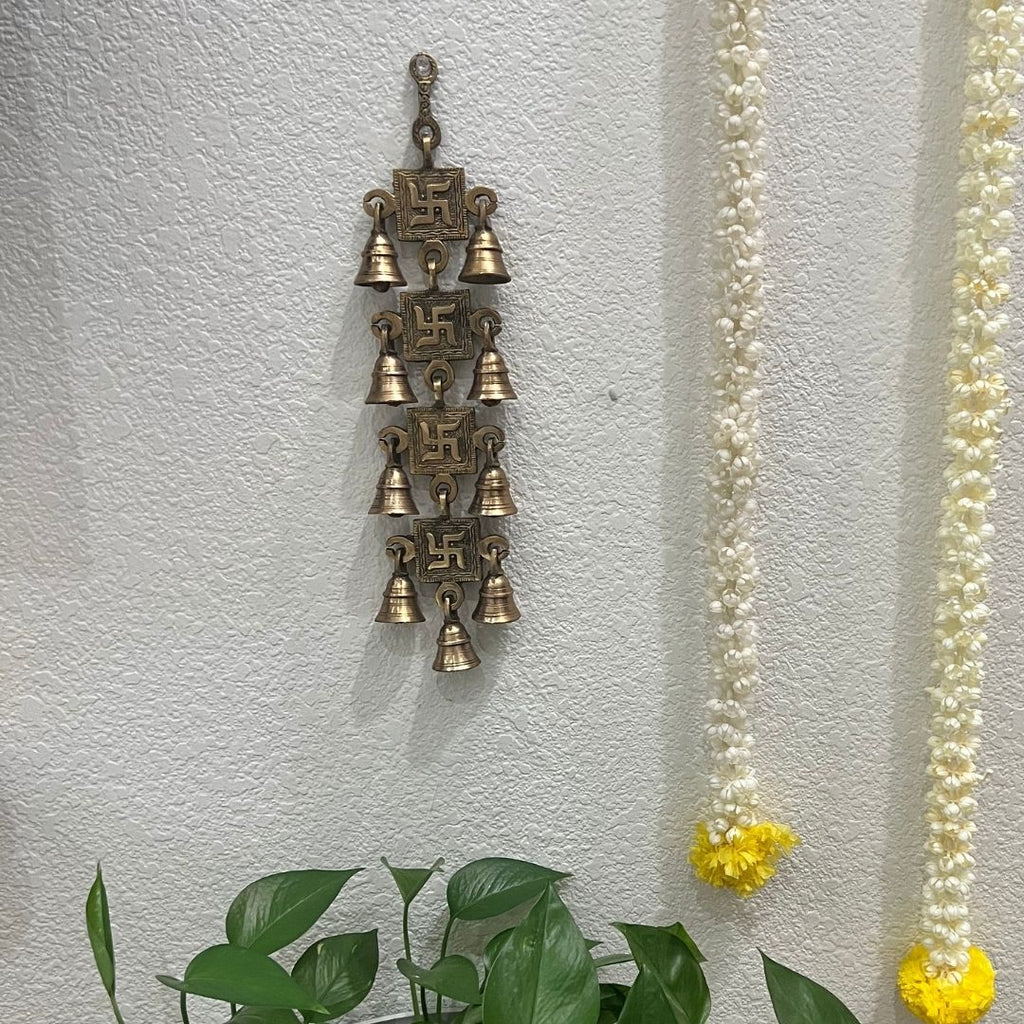 Brass Swastik Wall Hanging with Bells - 15in Vastu Decor