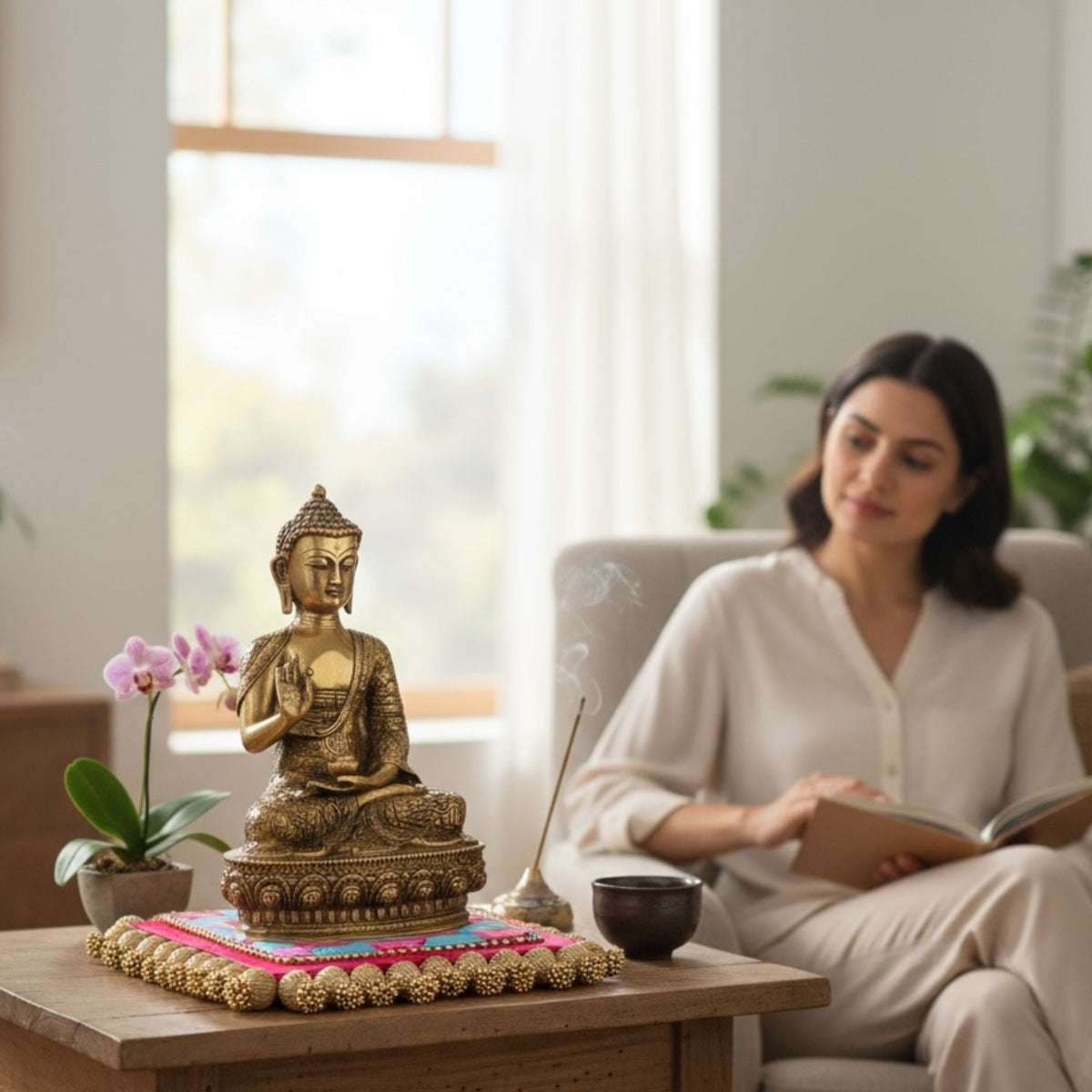 12 Inch Brass Buddha Statue – Vitarka Mudra Meditation Decor