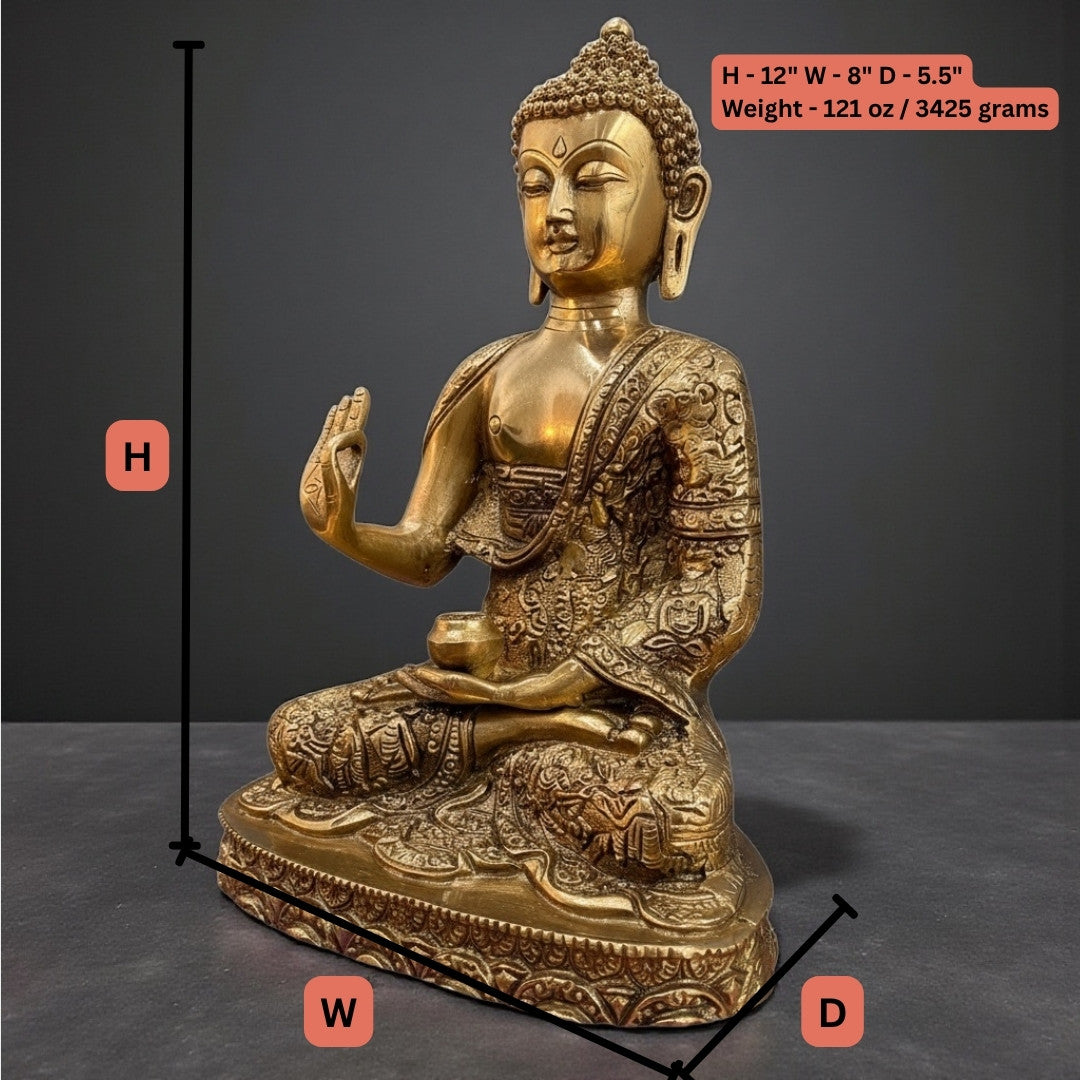 12 Inch Brass Buddha Statue – Vitarka Mudra Meditation Decor