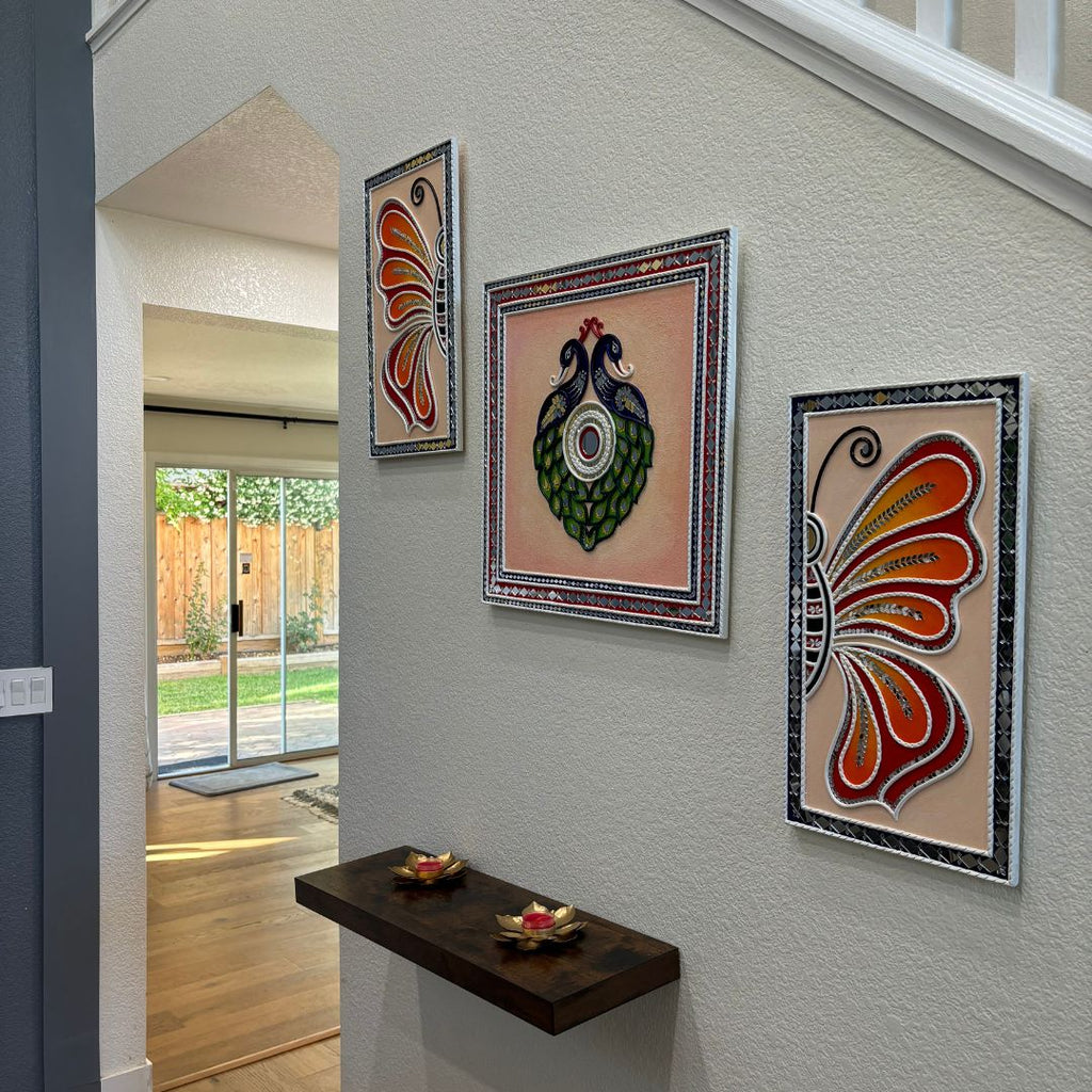 Butterfly & Peacock Lippan Wall Art Set - 3 Mirror Panels