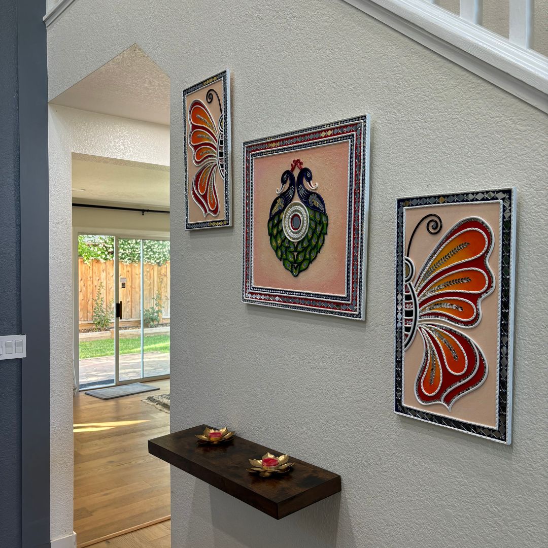 Butterfly & Peacock Lippan Wall Art Set - 3 Mirror Panels