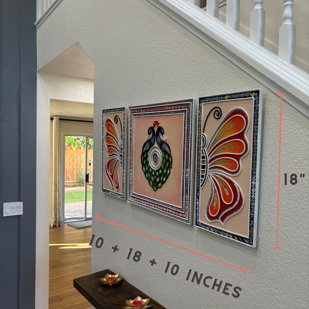 Butterfly & Peacock Lippan Wall Art Set - 3 Mirror Panels