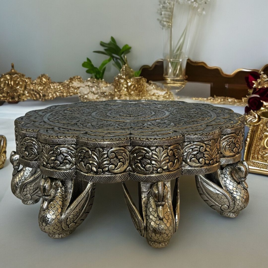 22” Antique Silver Swan Leg Mandala Chowki – Luxury Wedding & Event Pedestal