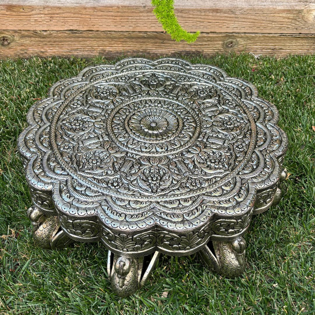 22” Antique Silver Swan Leg Mandala Chowki – Luxury Wedding & Event Pedestal