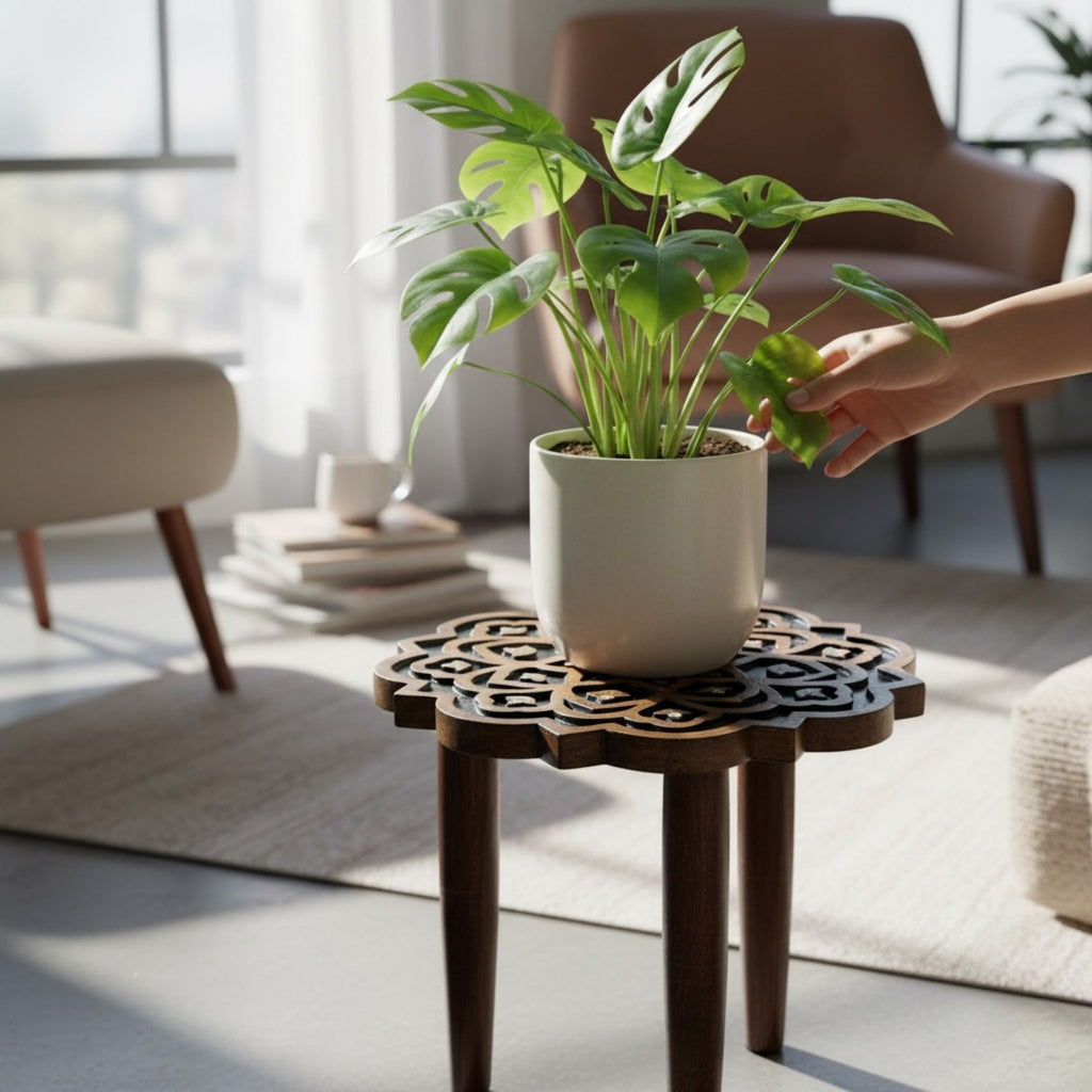 18 Inch Mango Wood Stool - Boho Plant Stand & Side Table