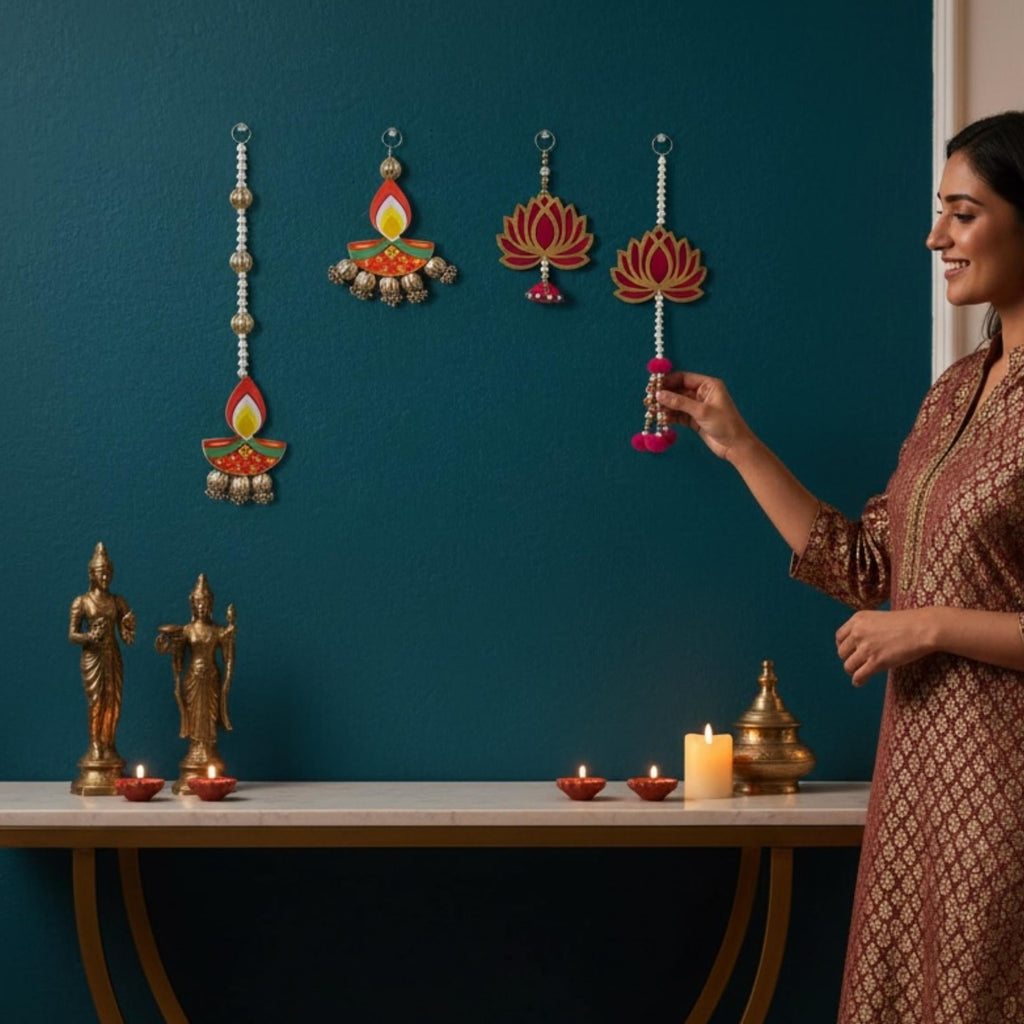 Lotus and Diya Dangler Strings Set of 10 - MDF Pearl Hangings