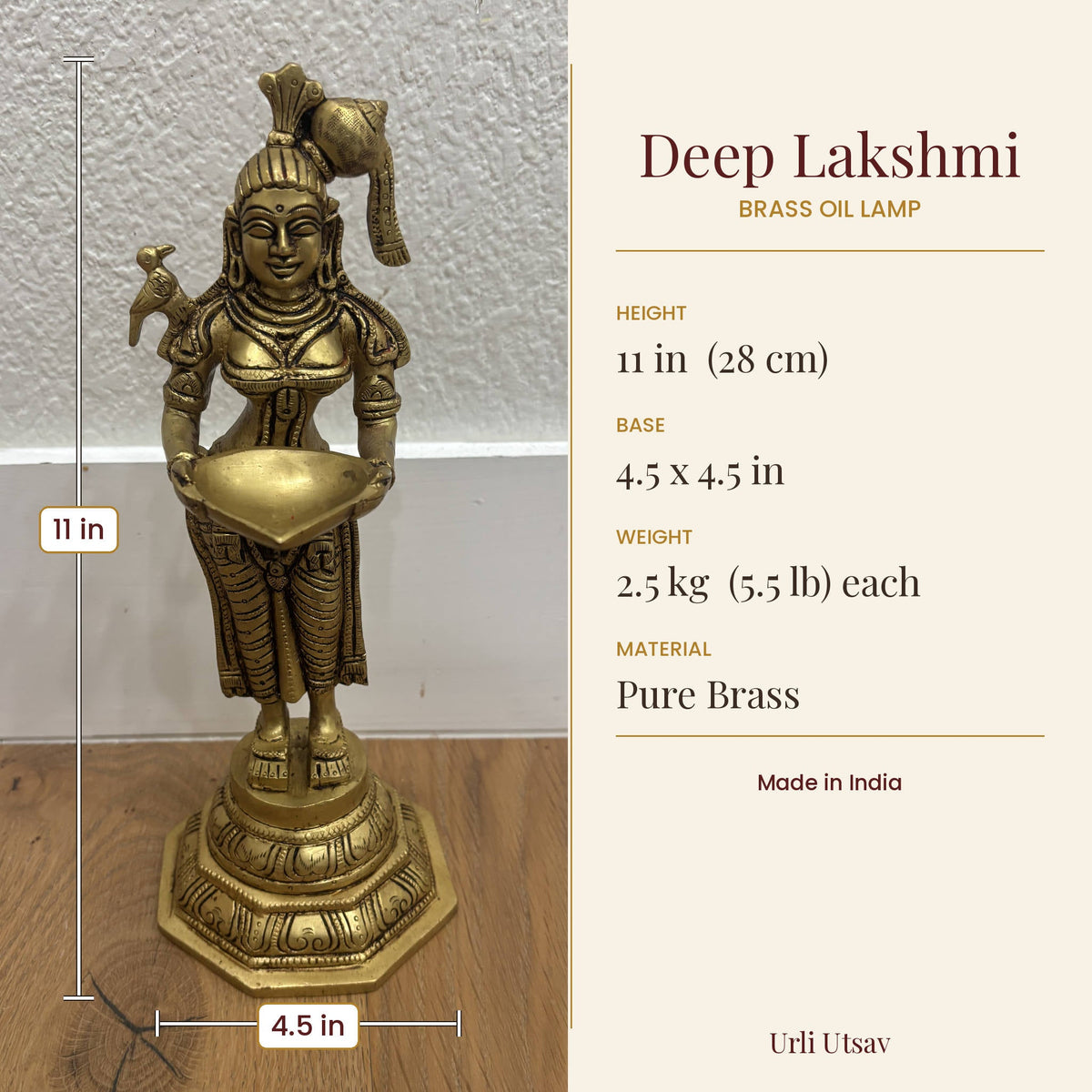 Deep Lakshmi Brass Oil Lamp - 11in Paavai Vilakku, Single or Set of 2