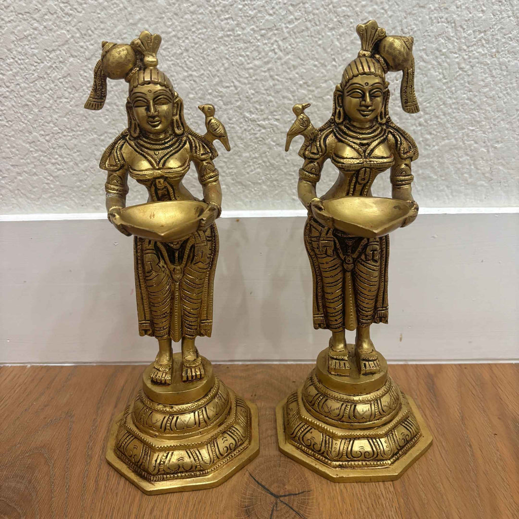 Deep Lakshmi Brass Oil Lamp - 11in Paavai Vilakku, Single or Set of 2