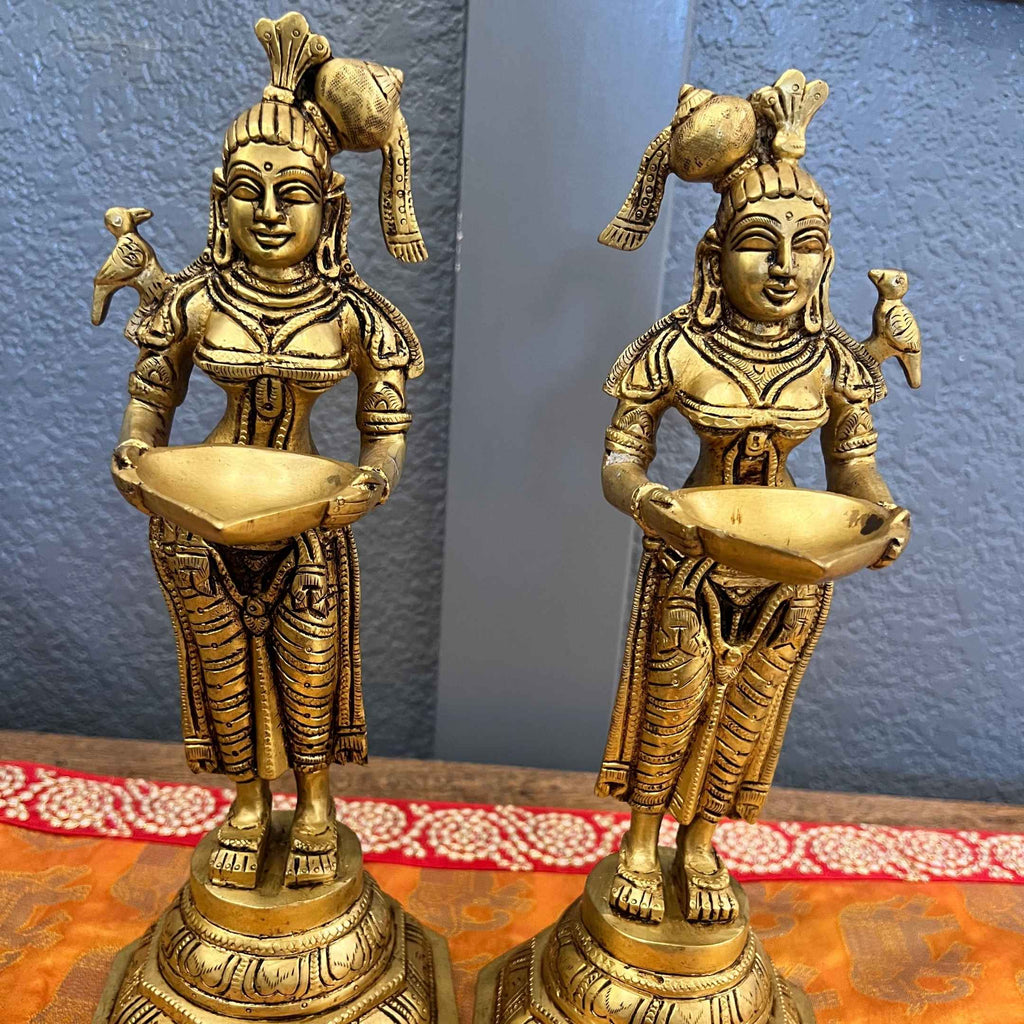 Deep Lakshmi Brass Oil Lamp - 11in Paavai Vilakku, Single or Set of 2