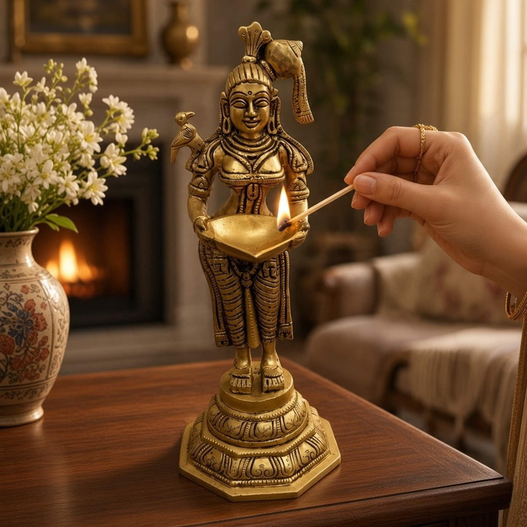 Deep Lakshmi Brass Oil Lamp - 11in Paavai Vilakku, Single or Set of 2