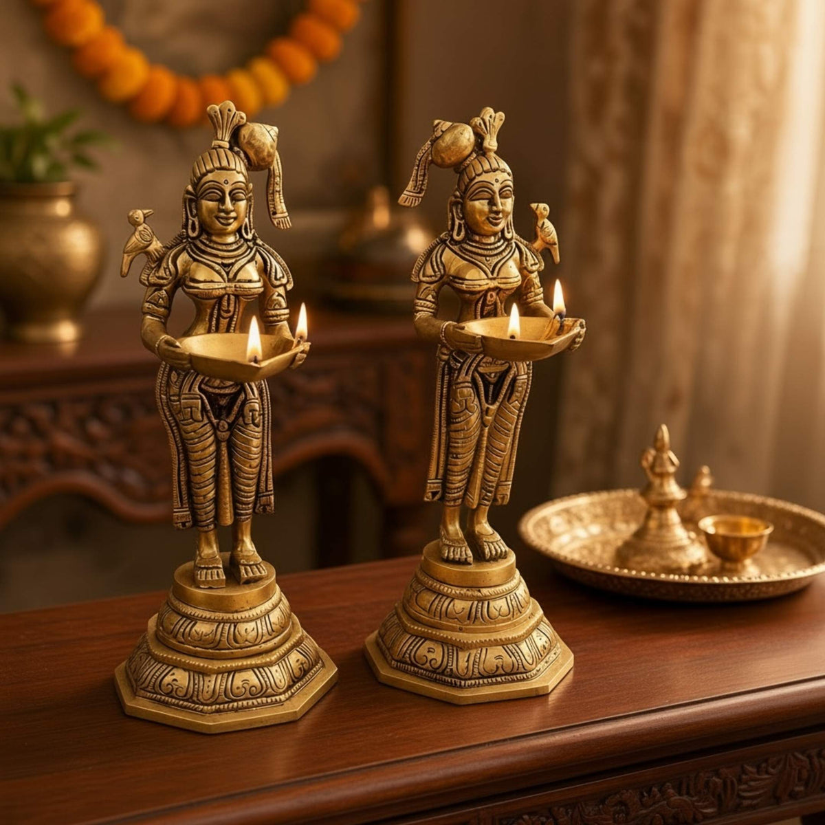 Deep Lakshmi Brass Oil Lamp - 11in Paavai Vilakku, Single or Set of 2