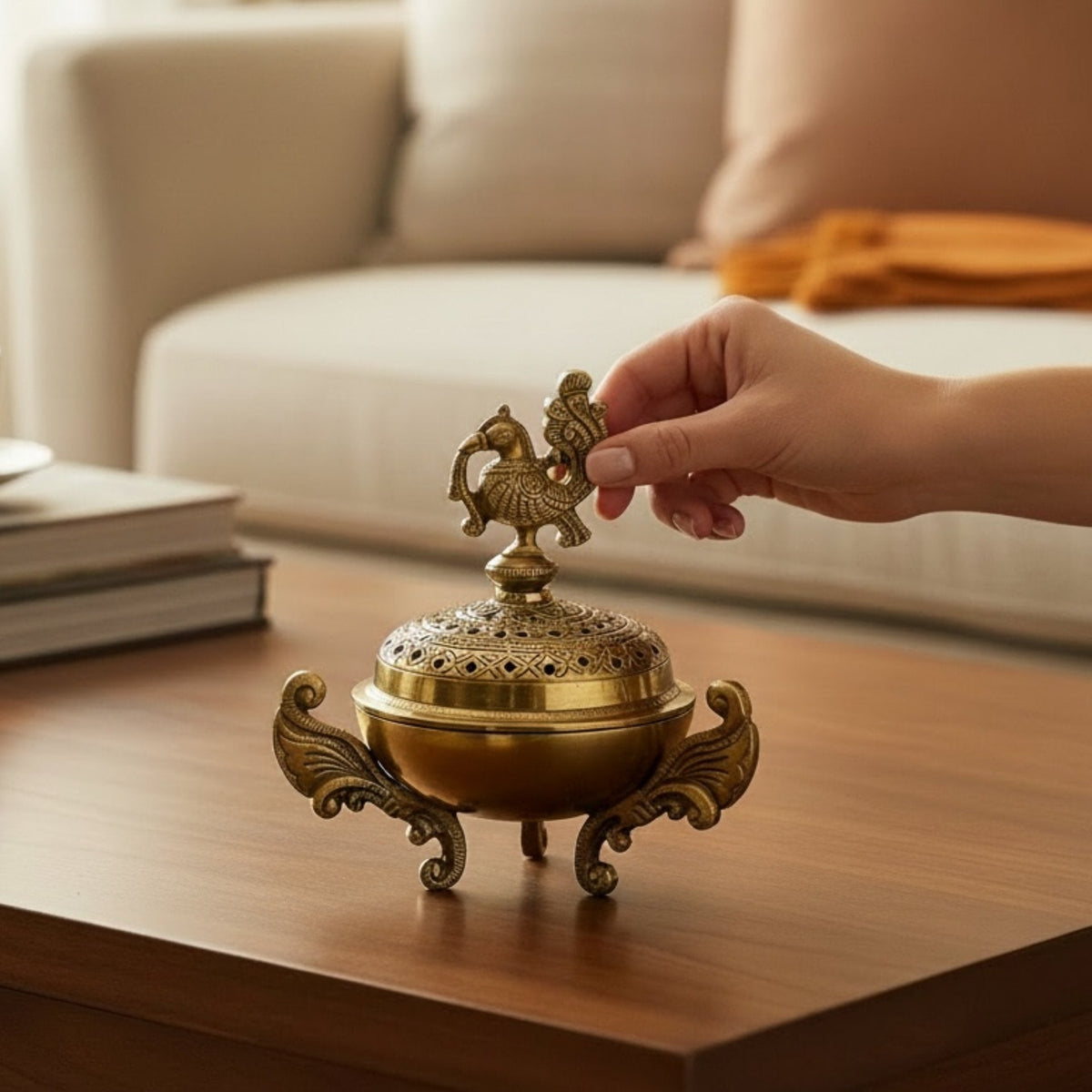 Brass Dhoop Dani Incense Burner - Peacock Lid, Tortoise Base
