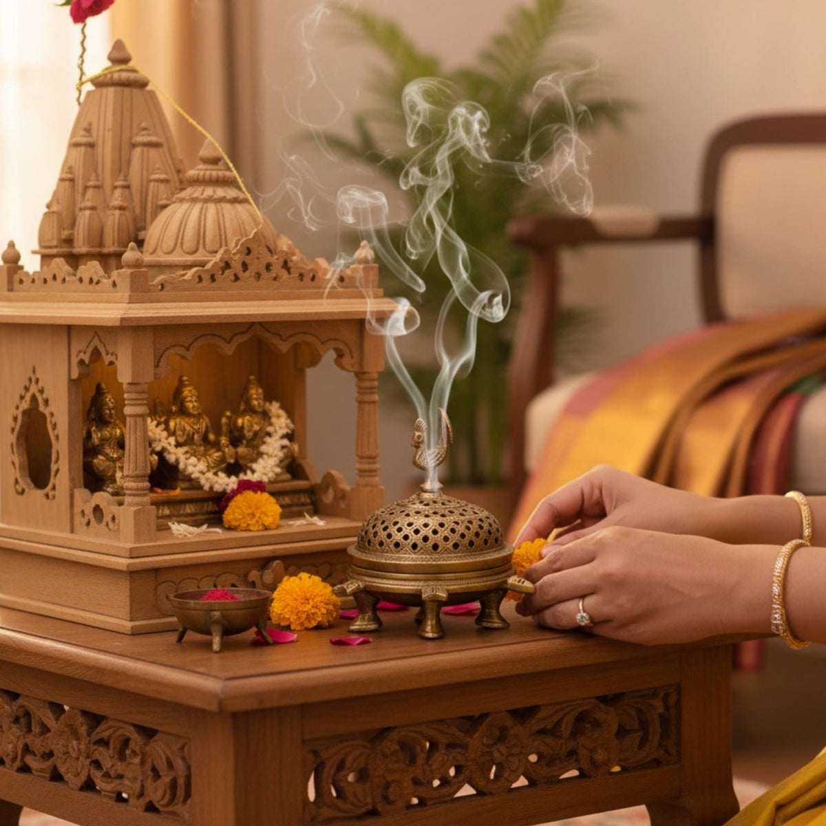 Brass Dhoop Dani Incense Burner - Peacock Lid, Tortoise Base