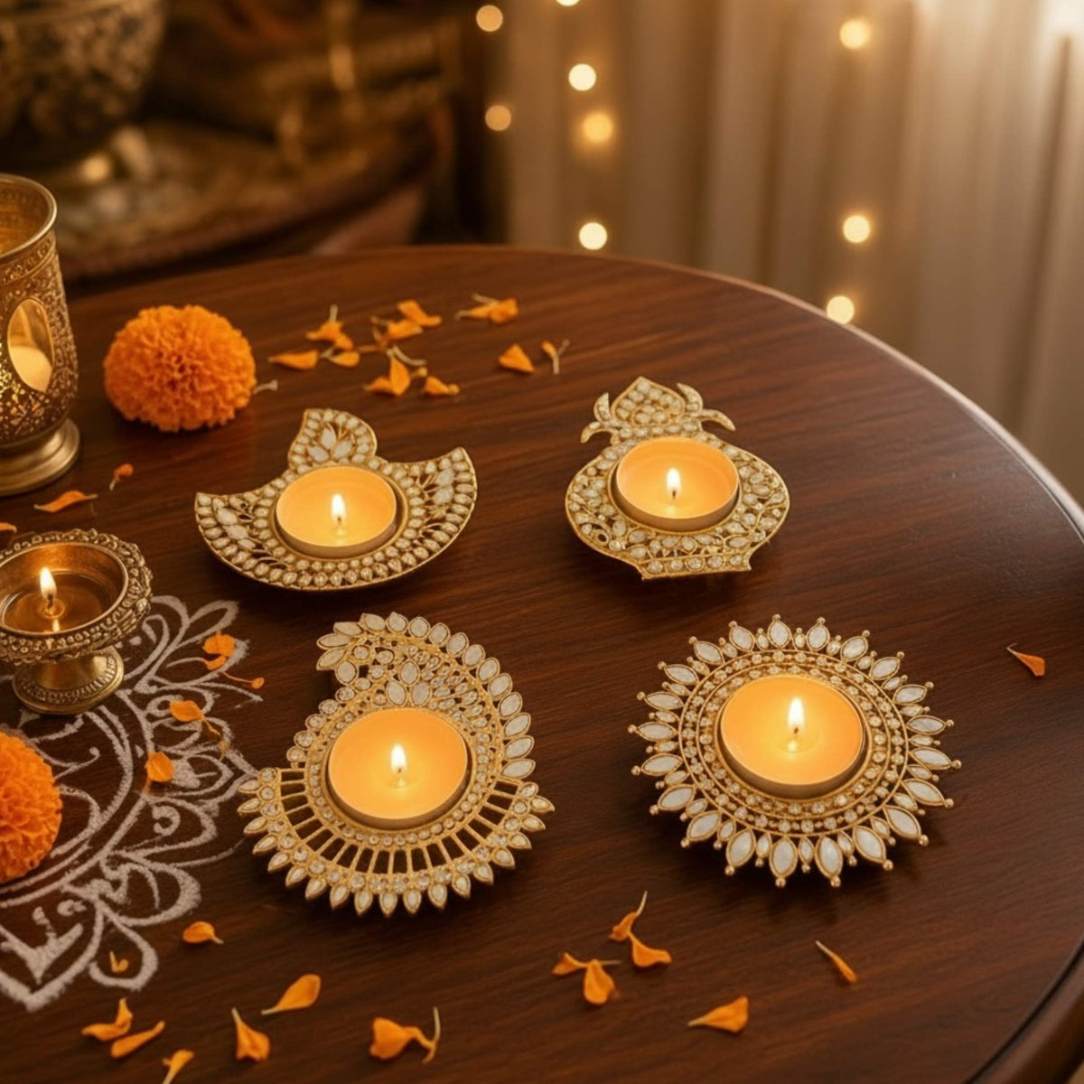 Mirror Diya Set of 10 - Gold Sunflower, Paisley, Kalash or Deep