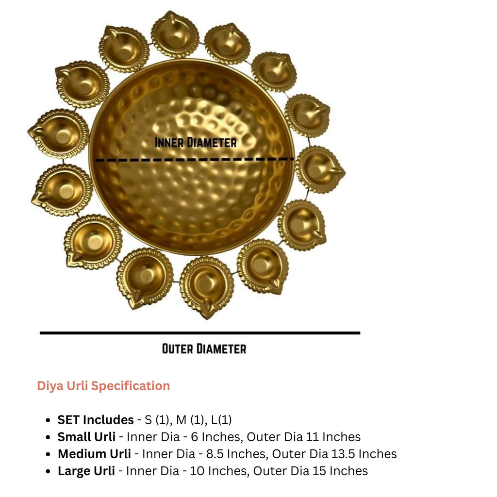 Diya Urli Bowls – Set of 3 Fluted Gold Lamp Rim Urlis