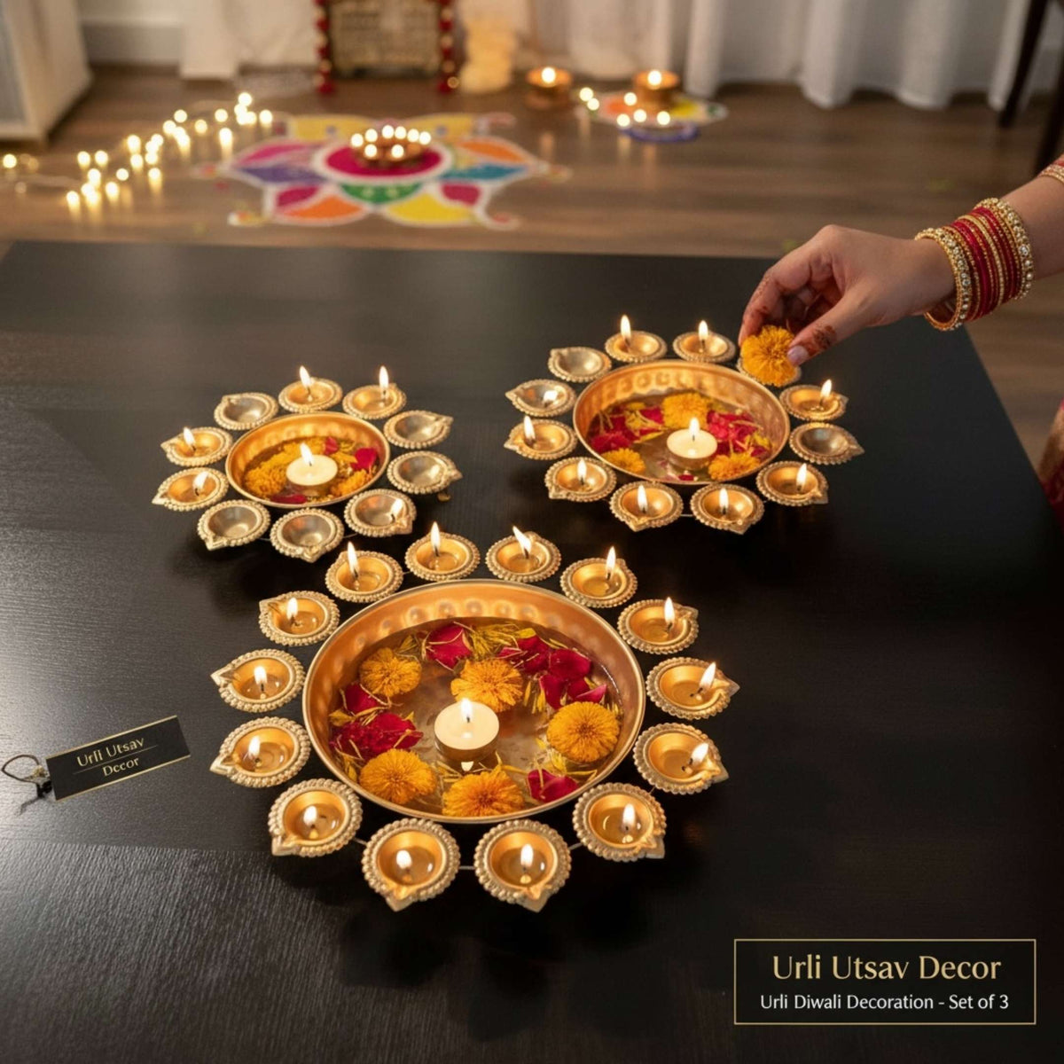 Diya Urli Bowls – Set of 3 Fluted Gold Lamp Rim Urlis