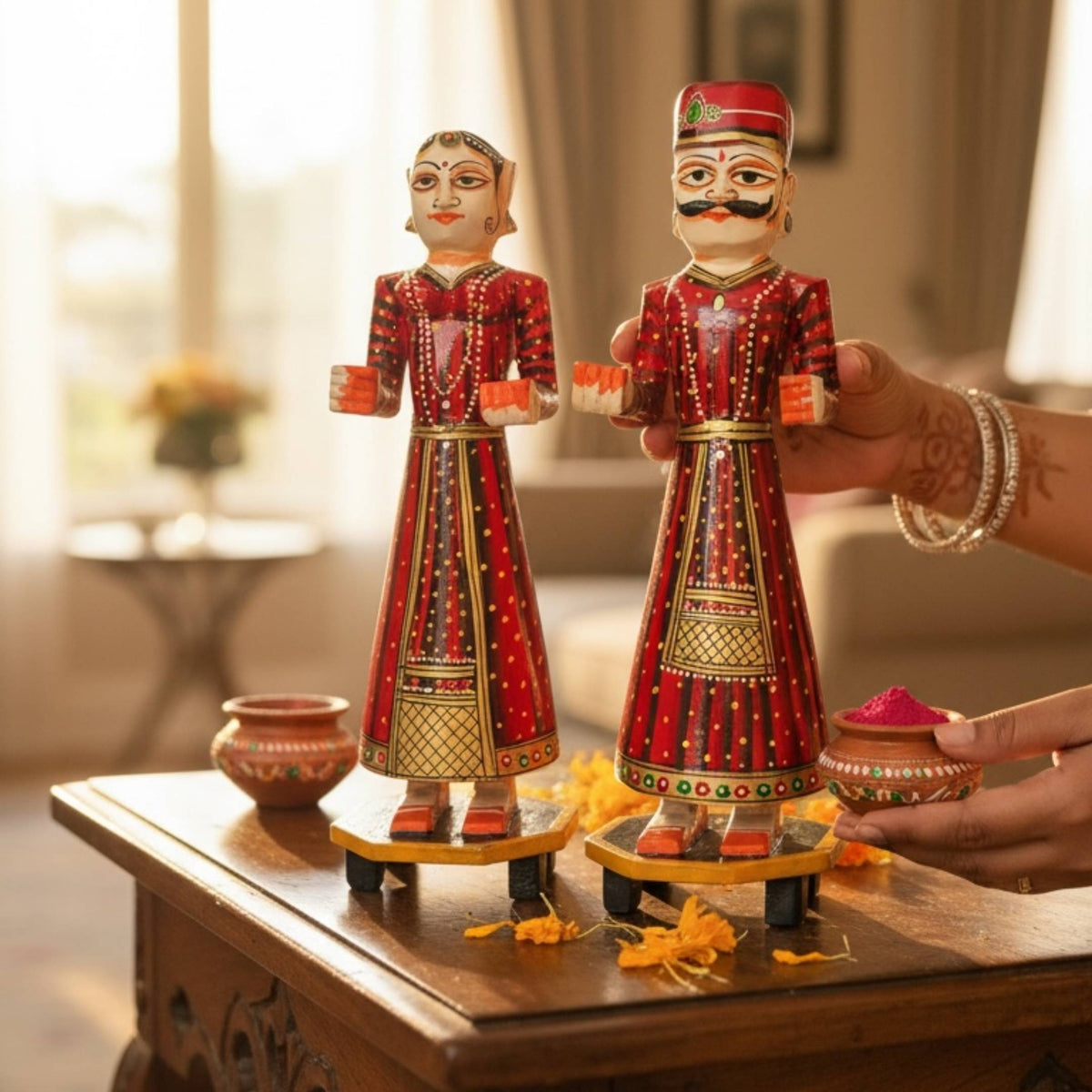 Isar Gangaur Dolls - Hand-Painted Wooden Pair, 6 Colours