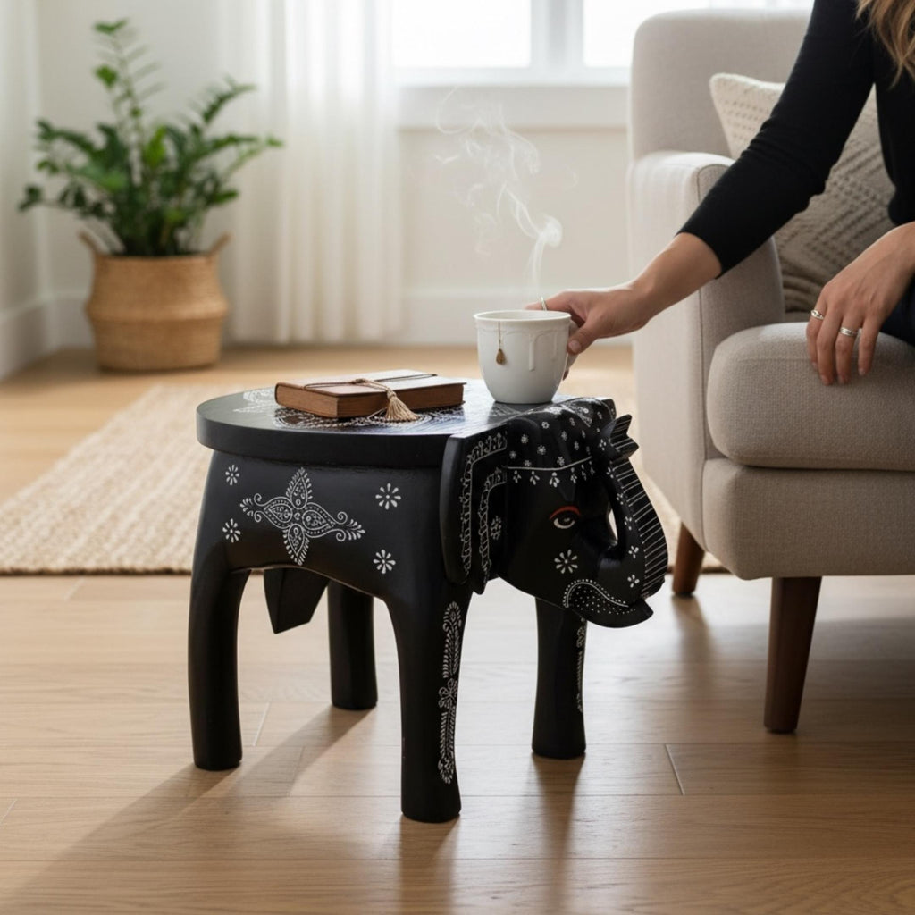 Elephant Stool Side Table - Black Hand-Painted Mango Wood