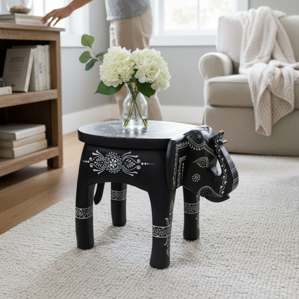 Elephant Stool Side Table - Black Hand-Painted Mango Wood