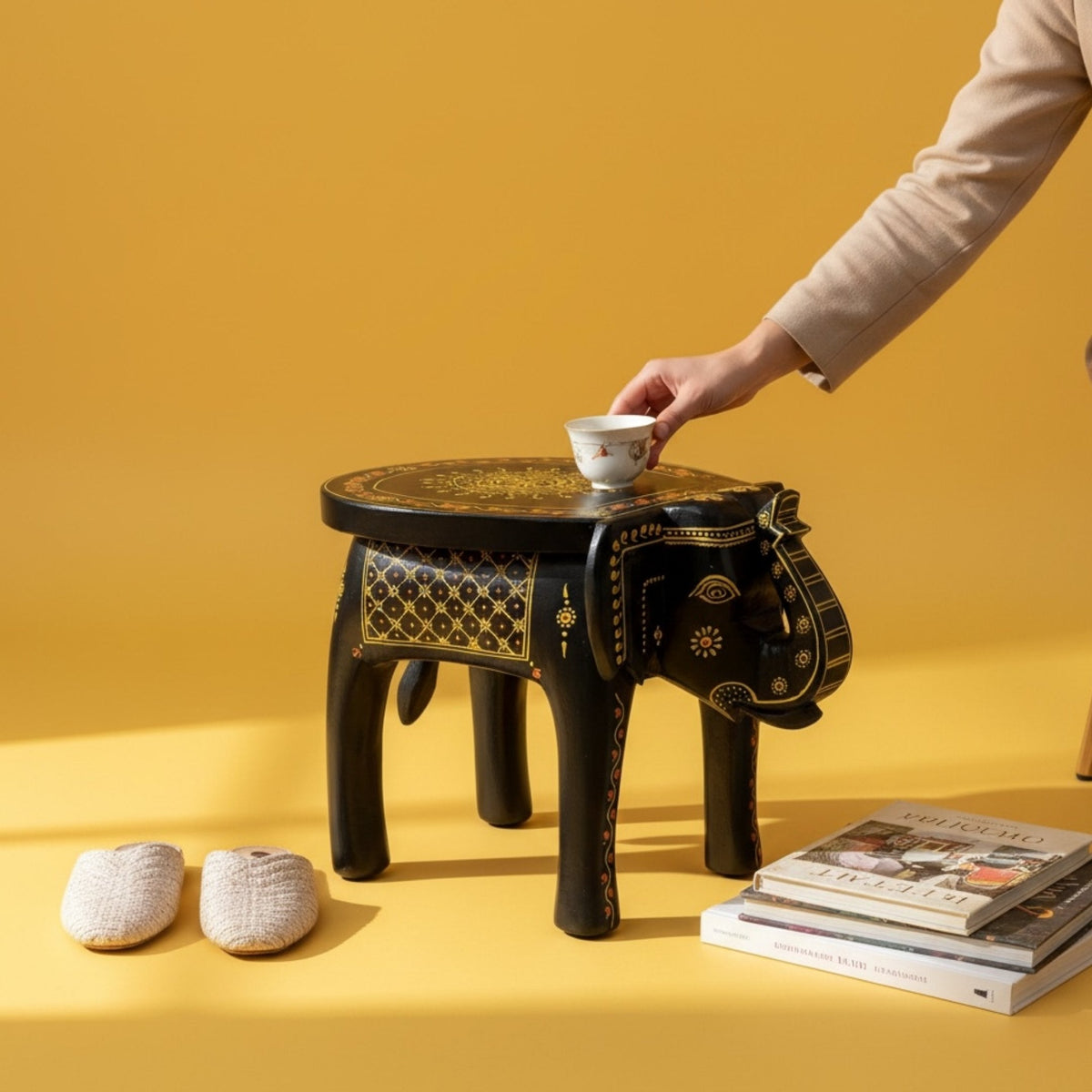 Elephant Stool Side Table - Black Hand-Painted Mango Wood