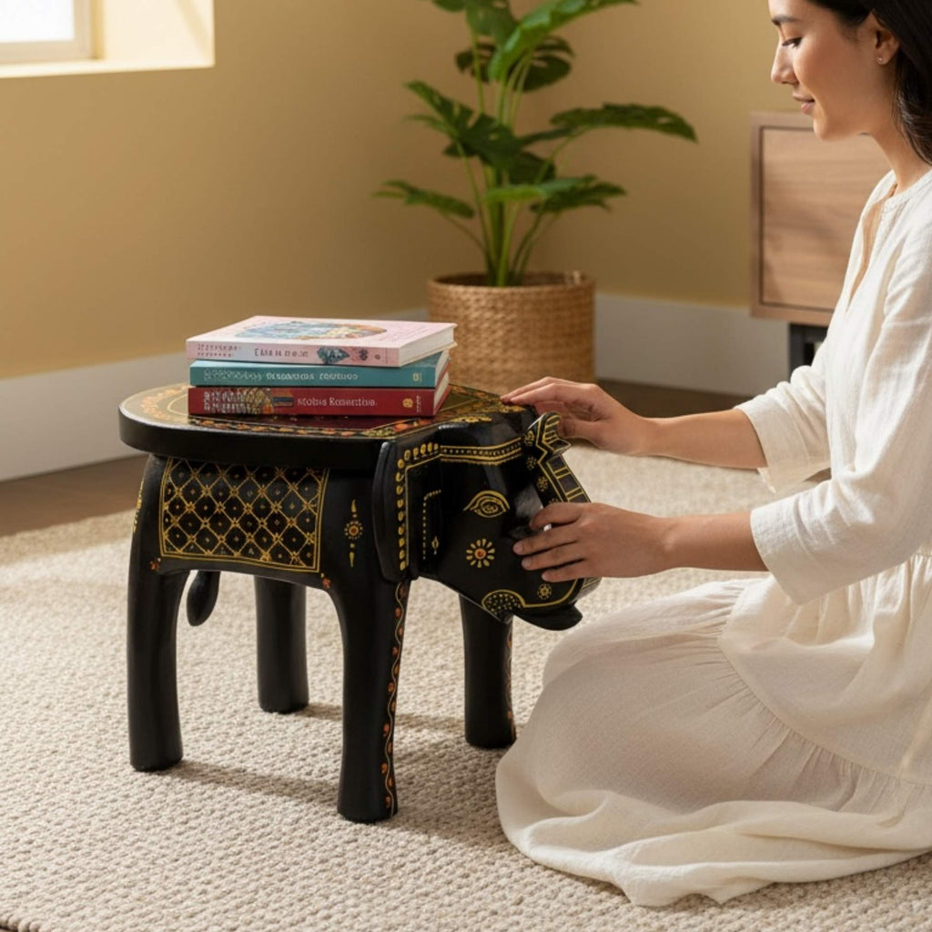 Elephant Stool Side Table - Black Hand-Painted Mango Wood
