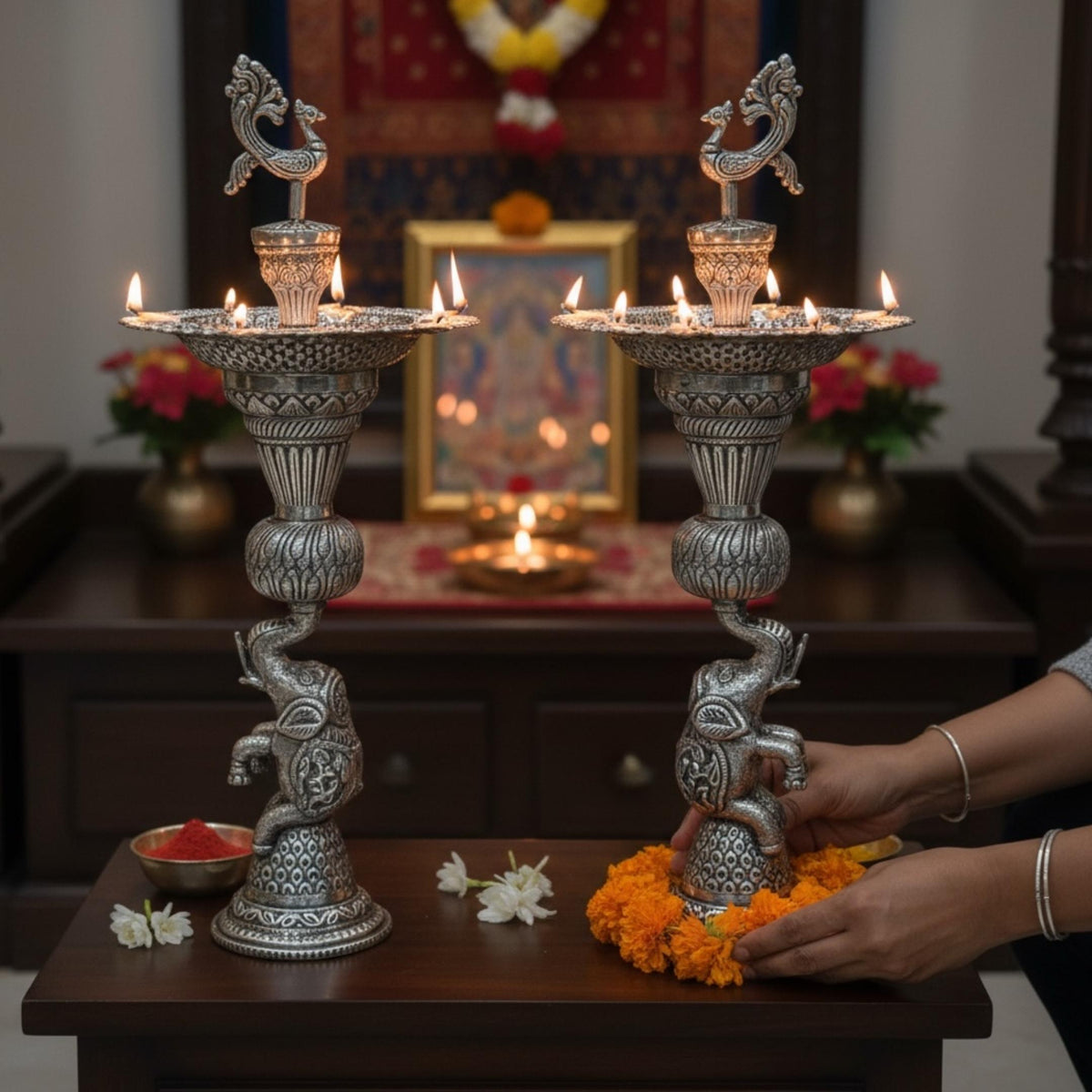 16-Inch Elephant Design Samai Oil Lamps (Pair)
