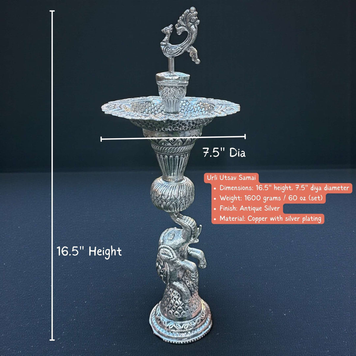 16-Inch Elephant Design Samai Oil Lamps (Pair)