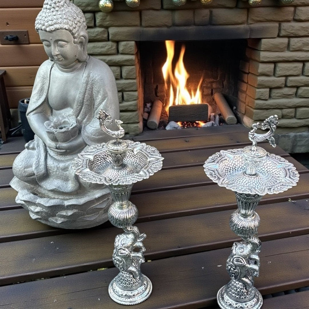 16-Inch Elephant Design Samai Oil Lamps (Pair)
