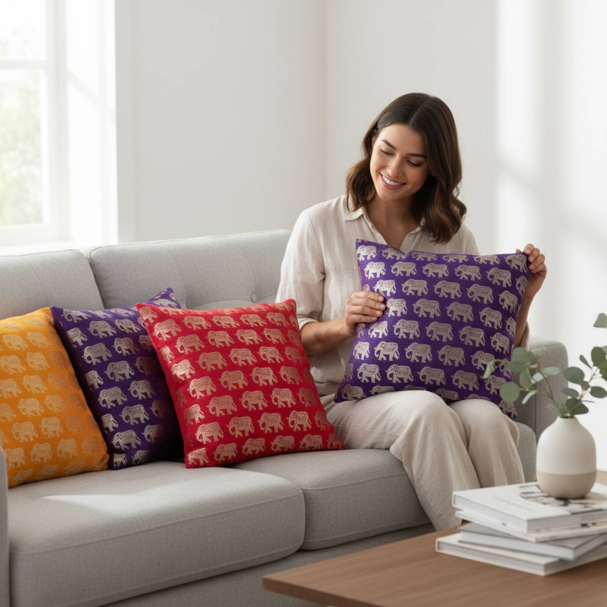 Elephant Cushion Covers - Set of 5, 16x16 Silk Pillow Covers