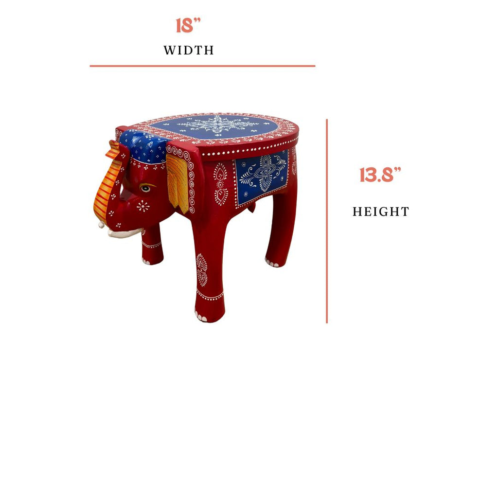 Elephant Stool Side Table - Red & Blue Hand-Painted