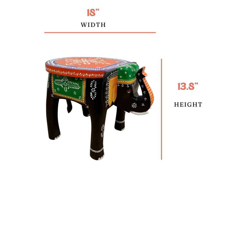 Elephant Stool Side Table - Black & Orange Hand-Painted