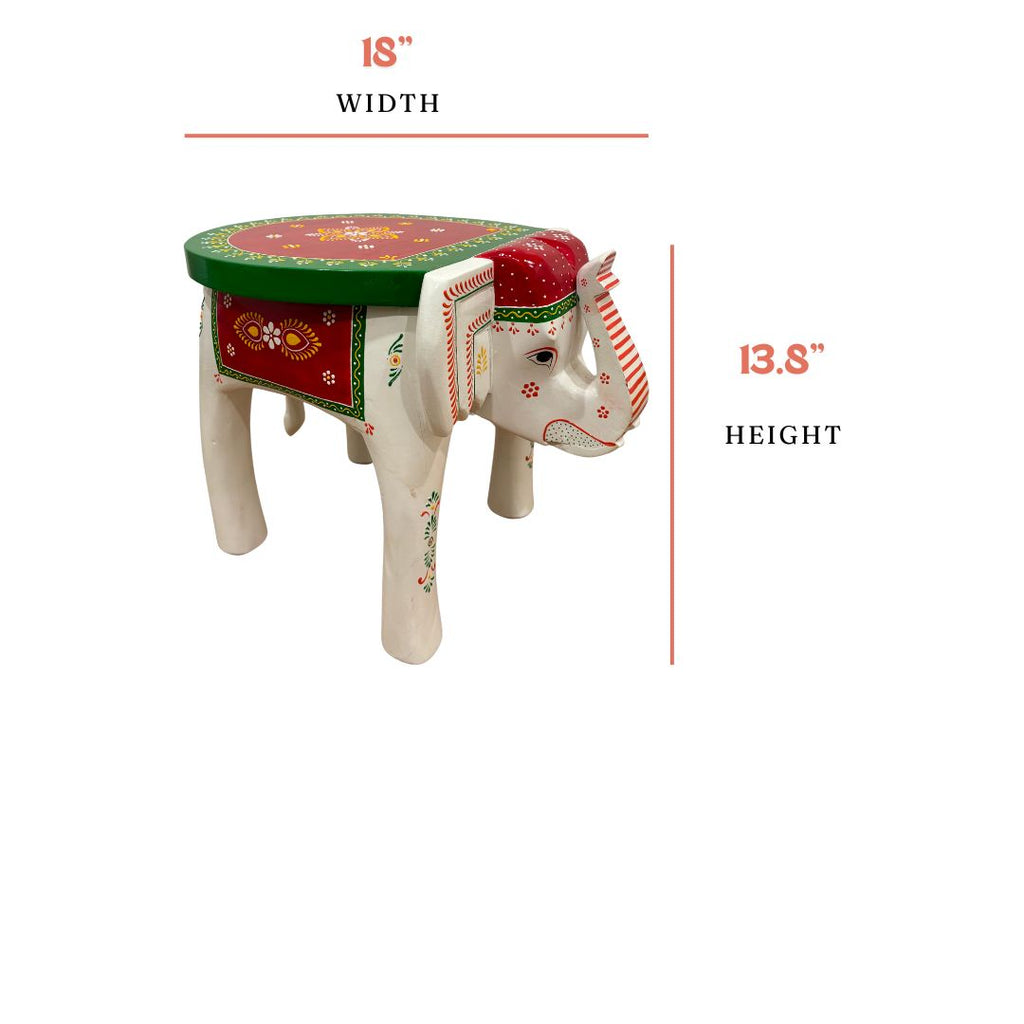 Elephant Stool Side Table - White & Red Hand-Painted