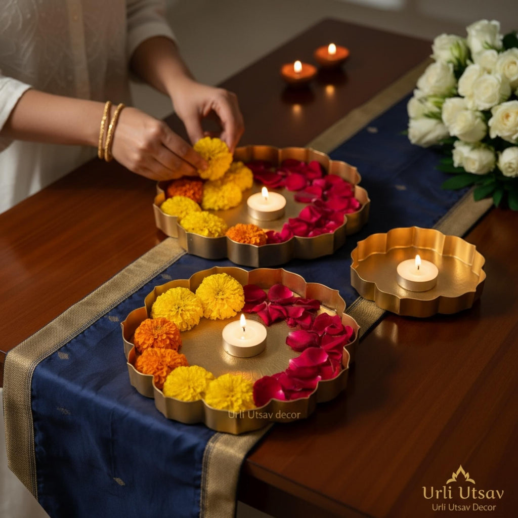 Gold Etched Lotus Urli Bowl Set of 3 – Haldi Tray & Pooja Thali
