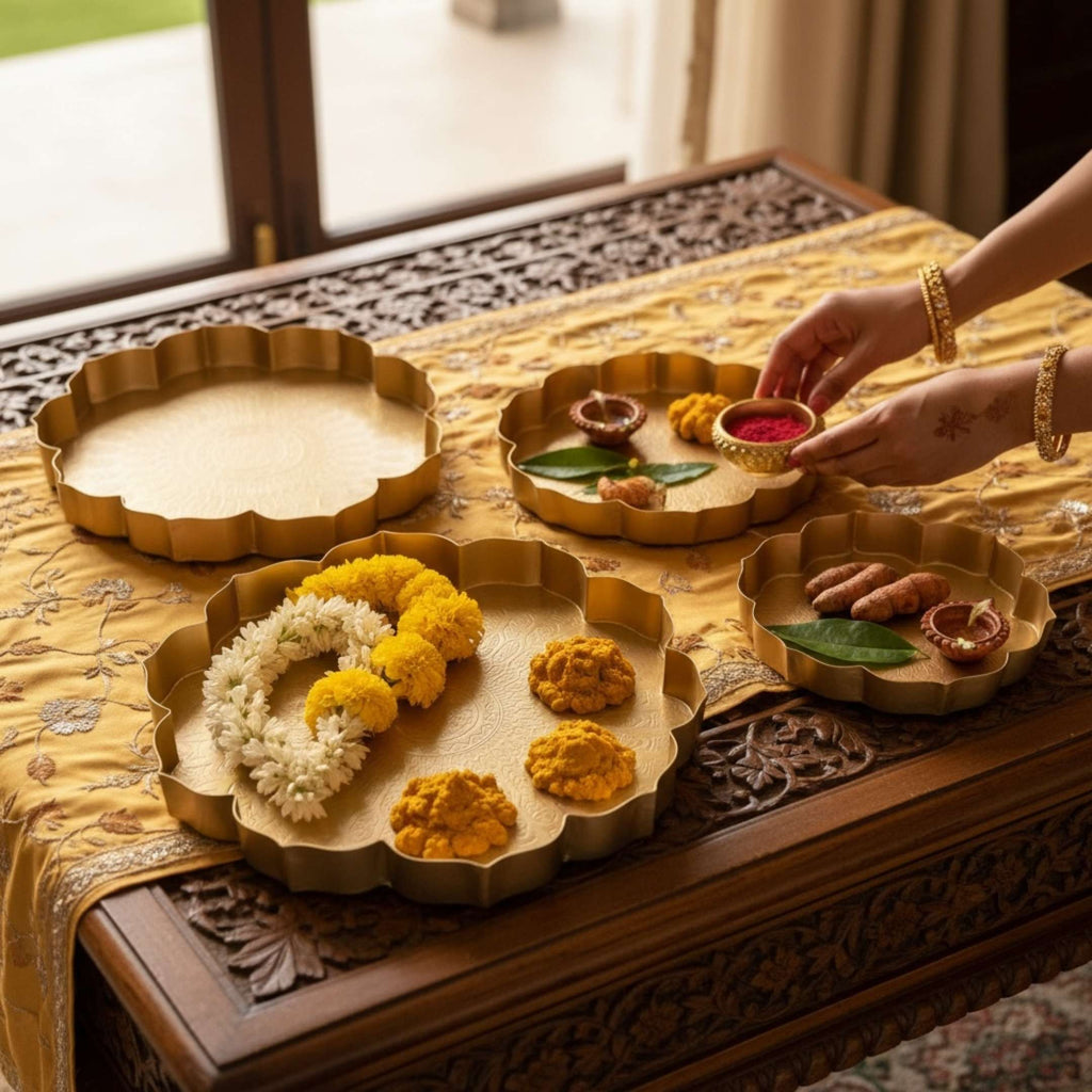 Gold Etched Lotus Urli Bowl Set of 3 – Haldi Tray & Pooja Thali