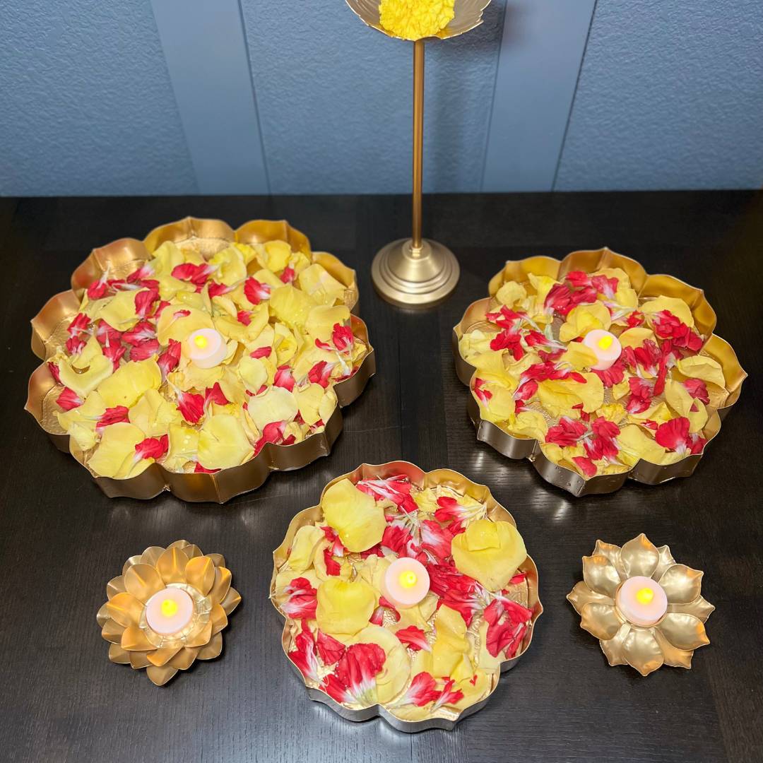 Gold Etched Lotus Urli Bowl Set of 3 – Haldi Tray & Pooja Thali