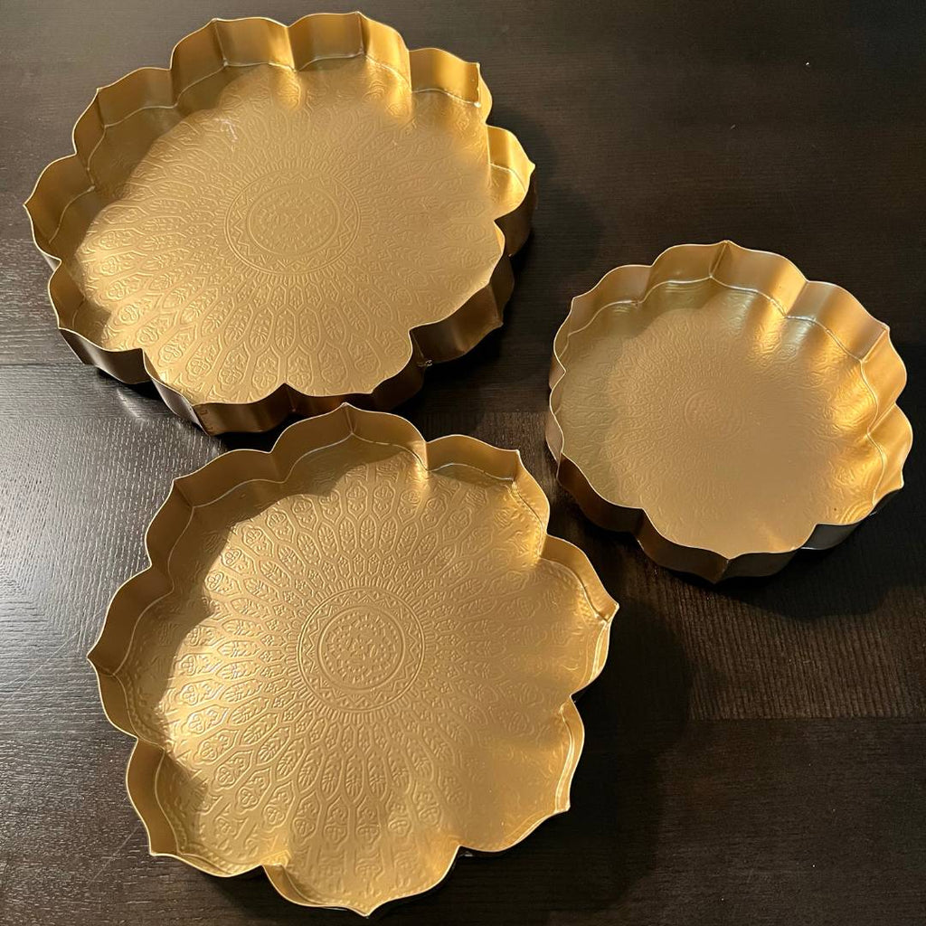 Gold Etched Lotus Urli Bowl Set of 3 – Haldi Tray & Pooja Thali